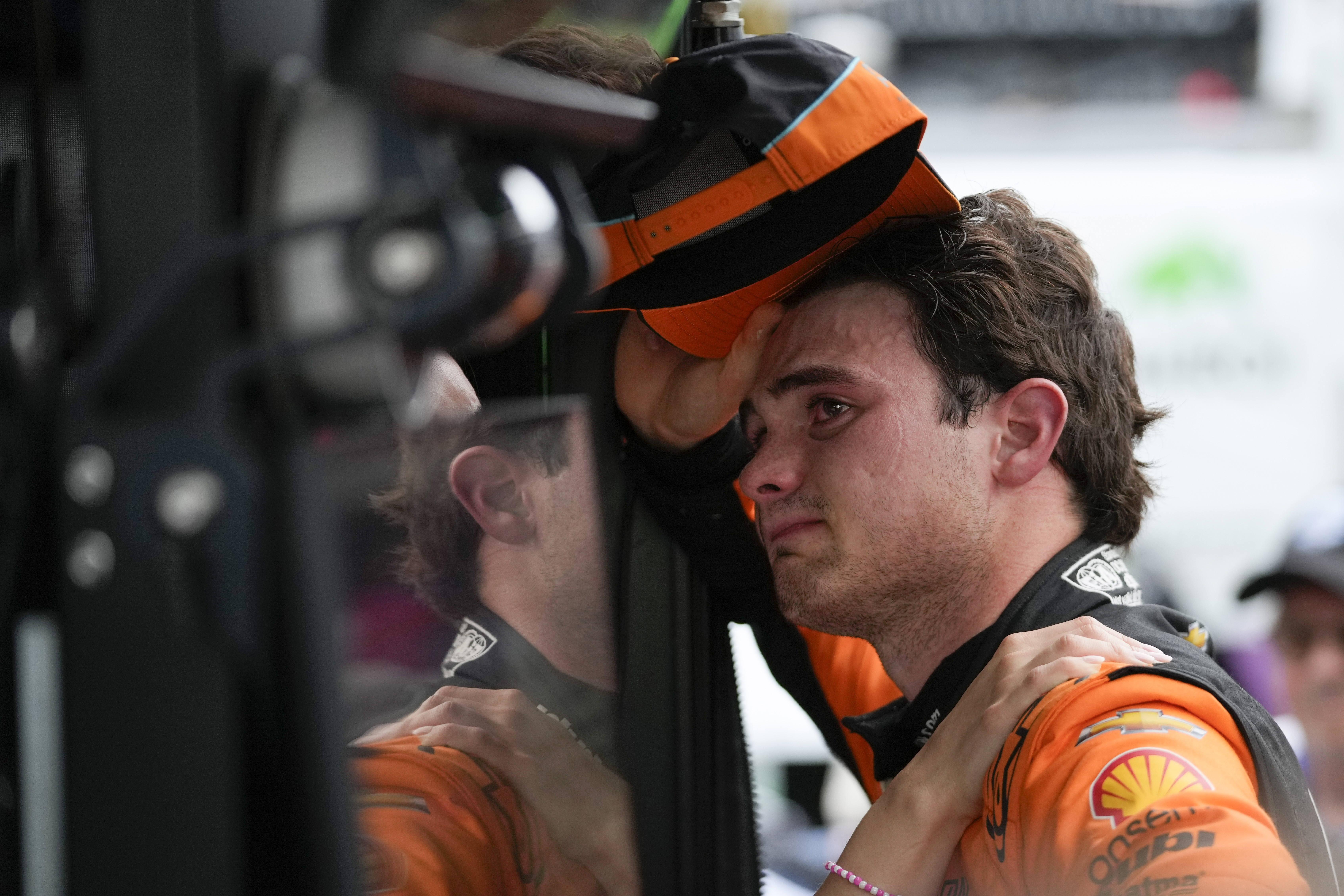 Pato O'Ward, of Mexico, reacts after finishing second in the Indianapolis 500 auto race at Indianapolis Motor Speedway, Sunday, May 26, 2024, in Indianapolis. 