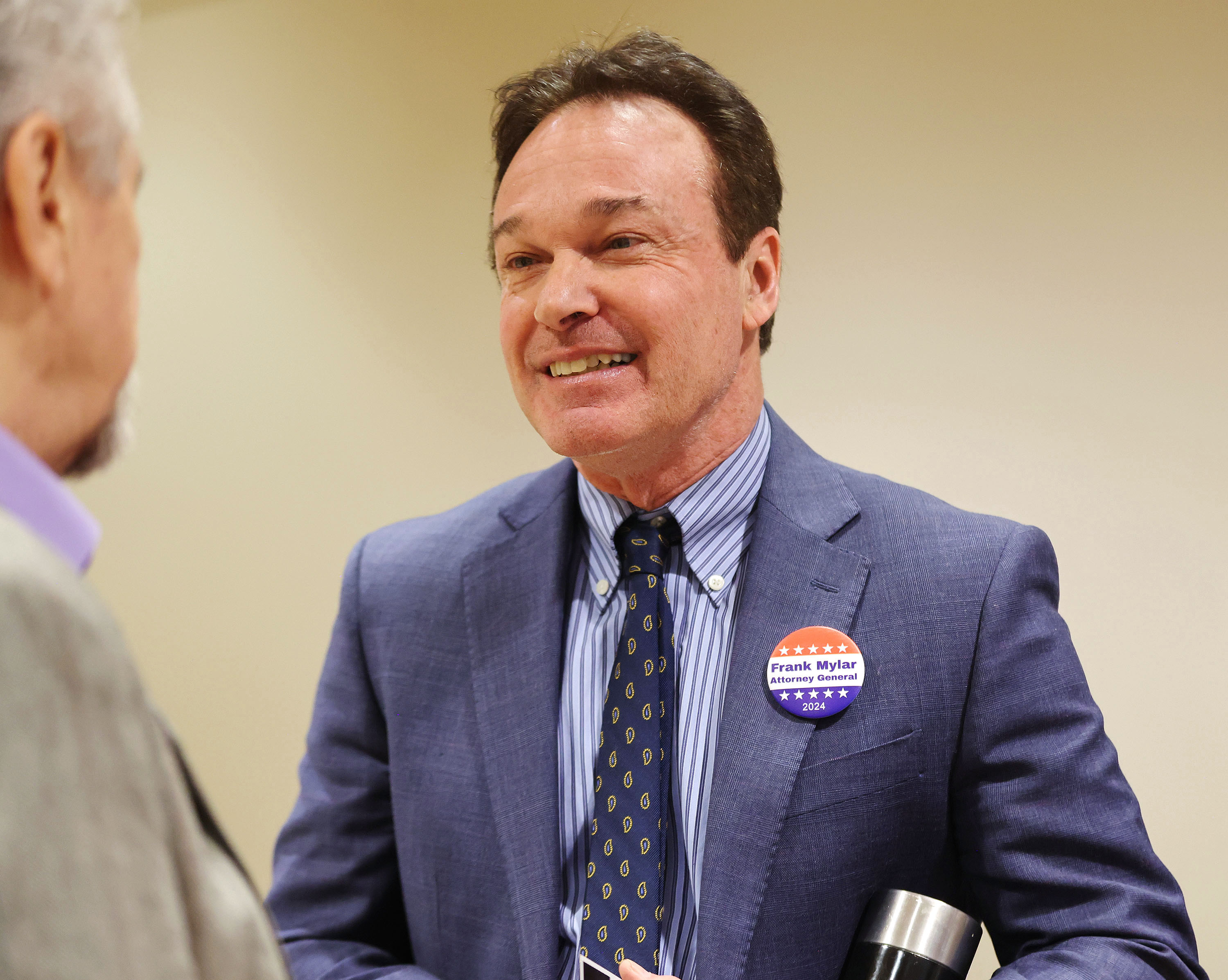 Republican Utah attorney general candidate Frank Mylar speaks to attendees at the Holladay City Hall in Holladay on April 4.