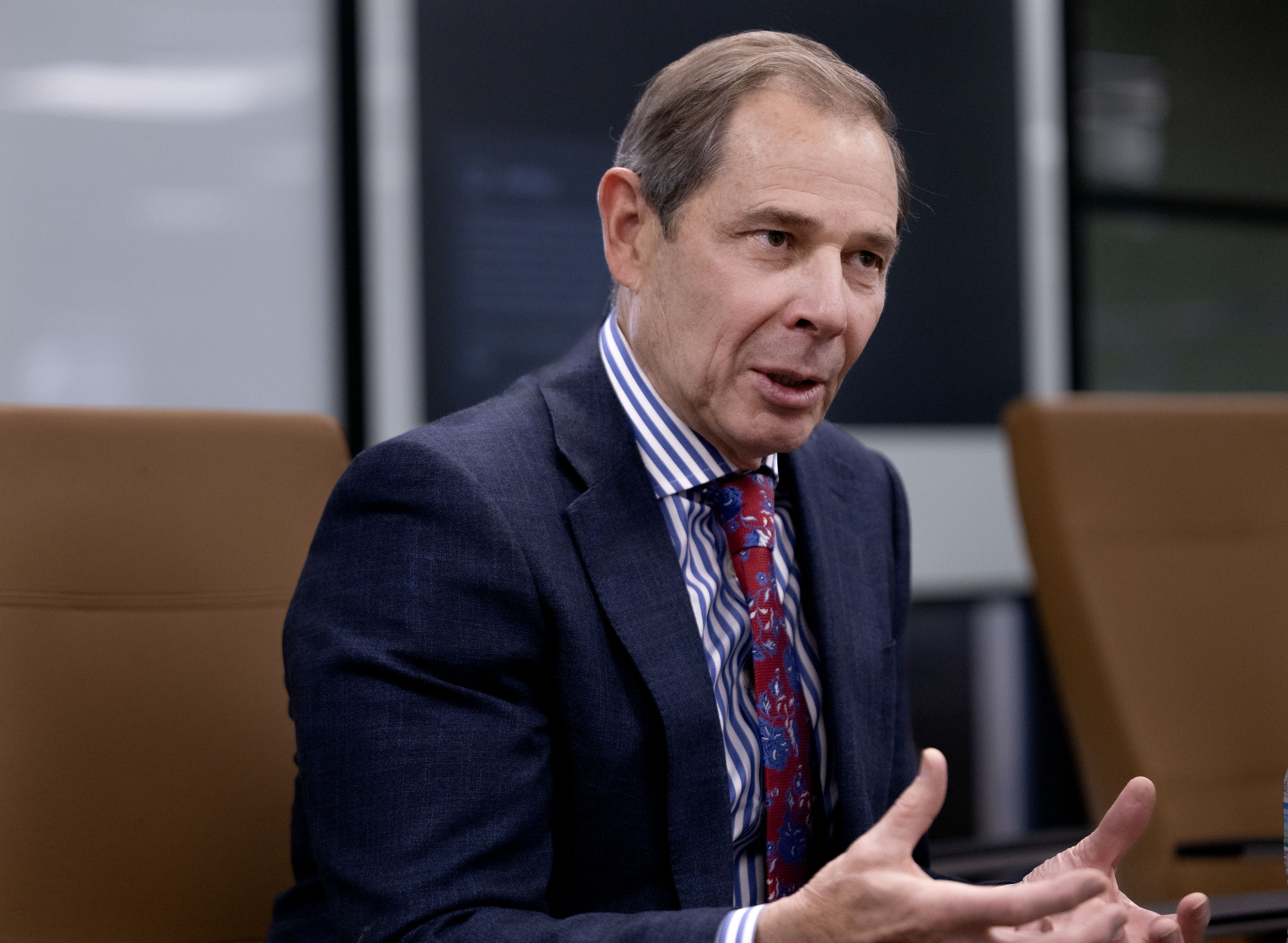 U.S. Senate candidate and 3rd District Rep. John Curtis speaks during a Deseret News Editorial Board meeting at the Deseret News office in Salt Lake City on April 24.