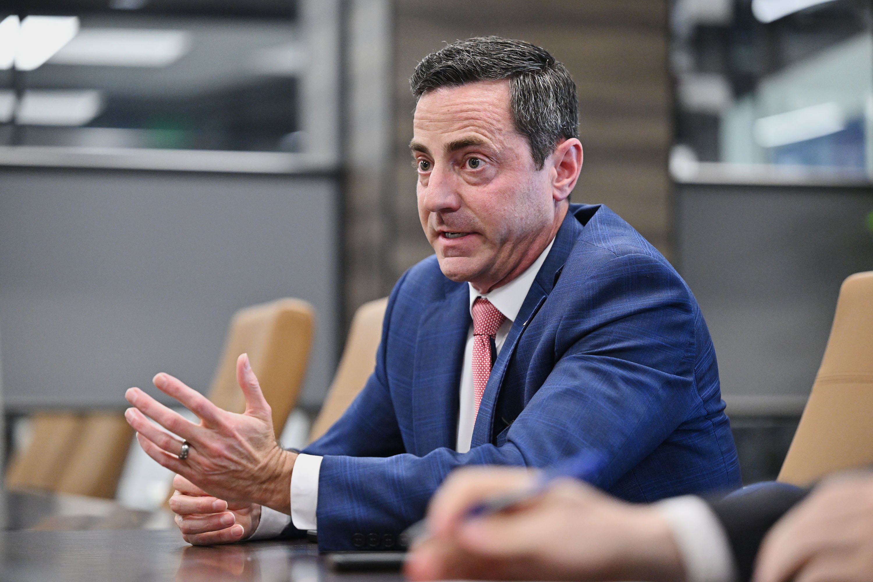 Senate candidate Trent Staggs speaks as he meets with the Deseret News and KSL editorial boards at Triad Center in Salt Lake City on April 3.