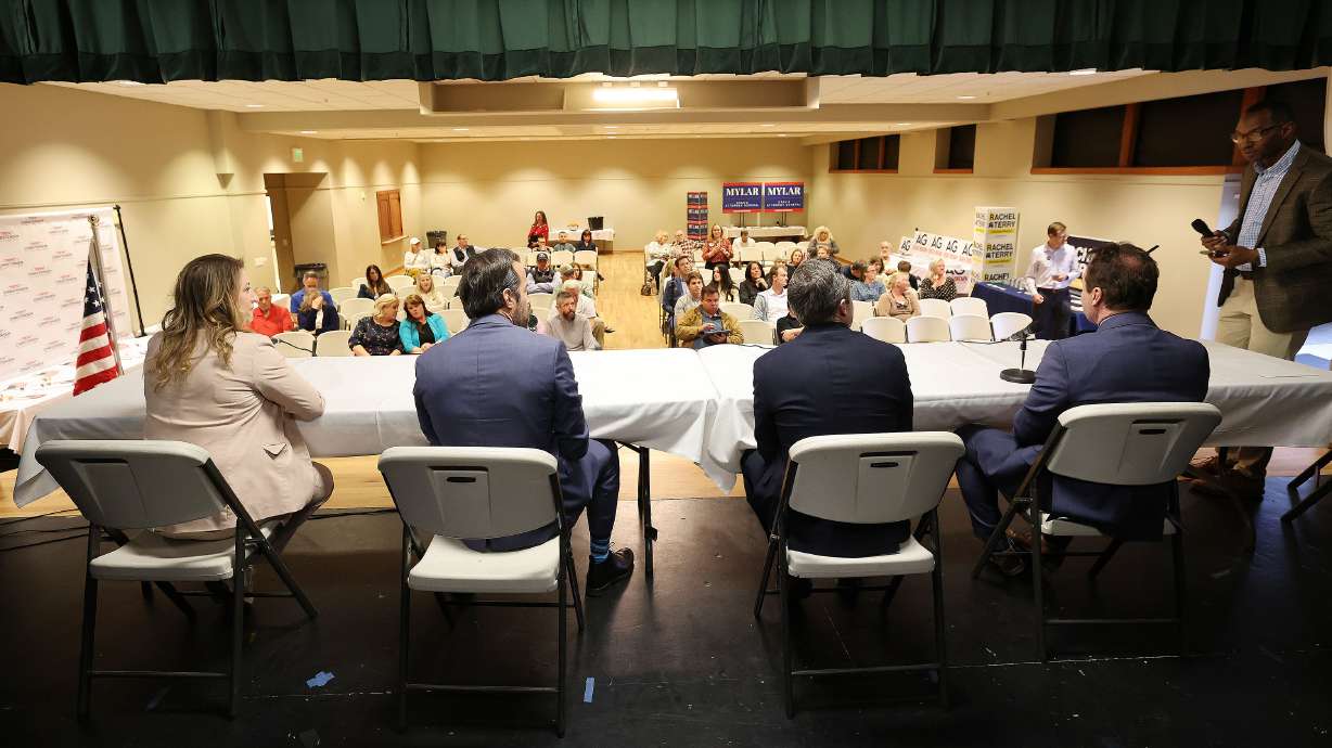 Republican Utah attorney general candidates speak to attendees at the Holladay City Hall in Holladay on April 4. Ballots for the Republican primary are on their way starting Tuesday.