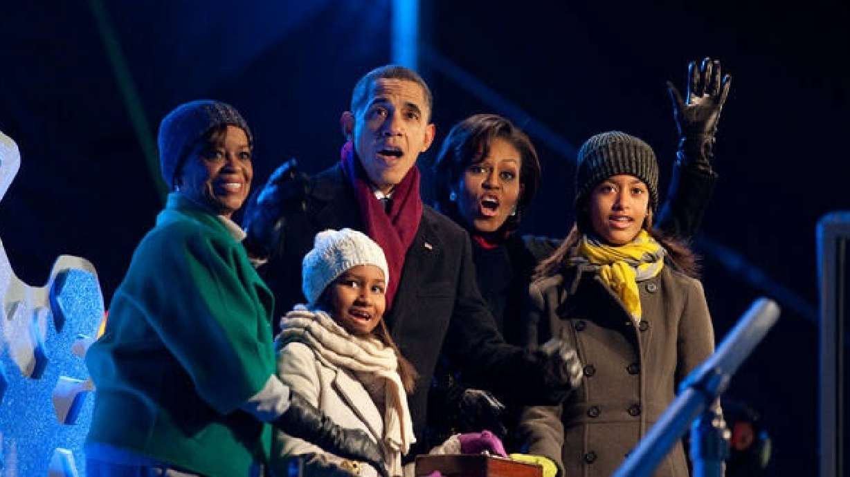 President Barack Obama, with mother-in-law Marian Robinson, daughters Sasha and Malia, and First Lady Michelle Obama, attend the National Christmas Tree in Washington, Dec. 9, 2010. Robinson has died at age 86.
