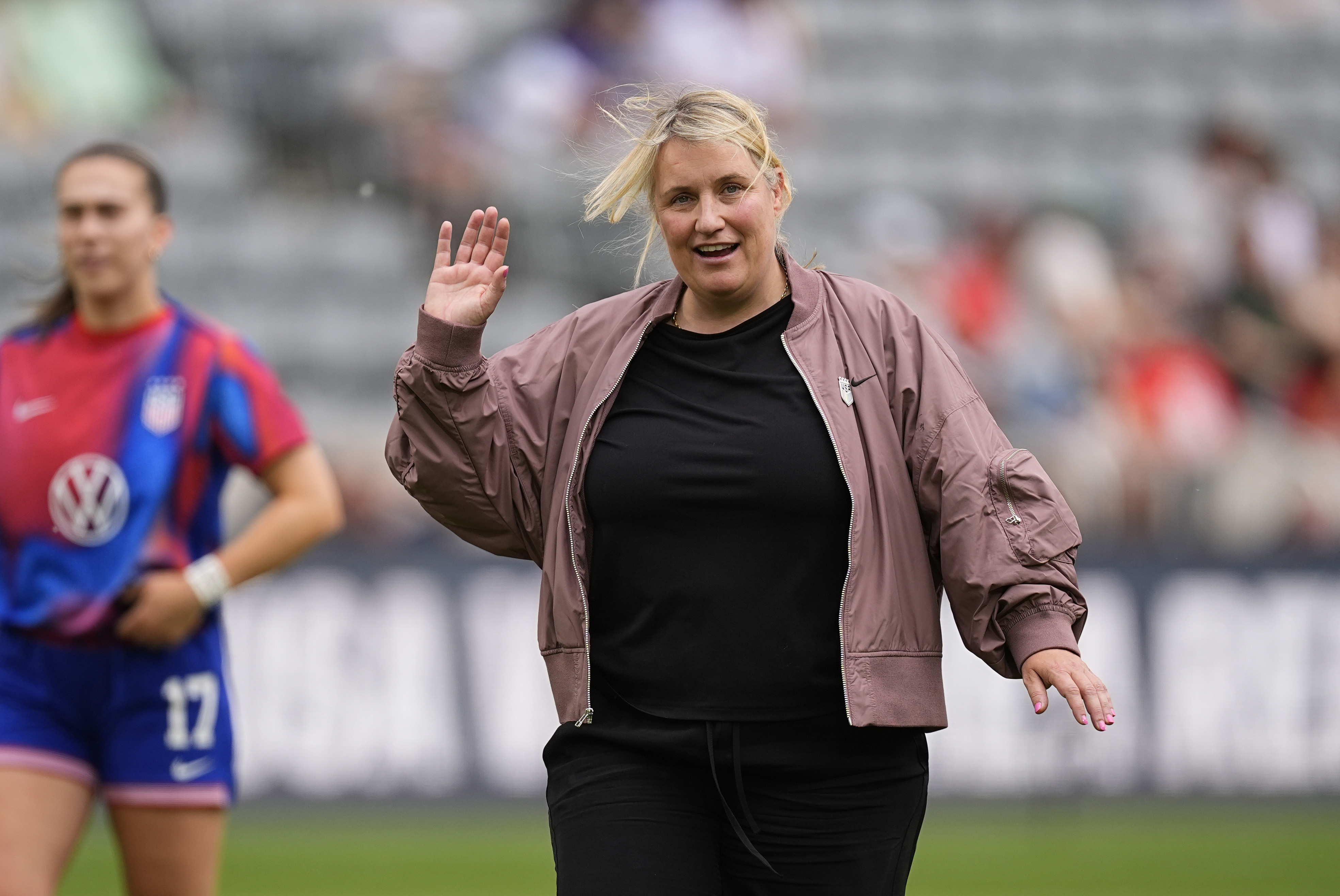United States women's national team head coach Emma Hayes waves to fans before facing South Korea in an international friendly soccer game, Saturday, June 1, 2024, in Dick's Sporting Goods Park in Commerce City, Colo. 