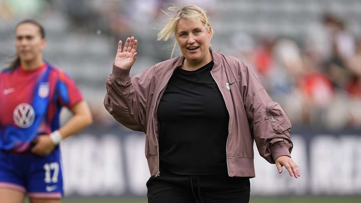 United States women's national team head coach Emma Hayes waves to fans before facing South Korea in an international friendly soccer game, Saturday, June 1, 2024, in Dick's Sporting Goods Park in Commerce City, Colo.