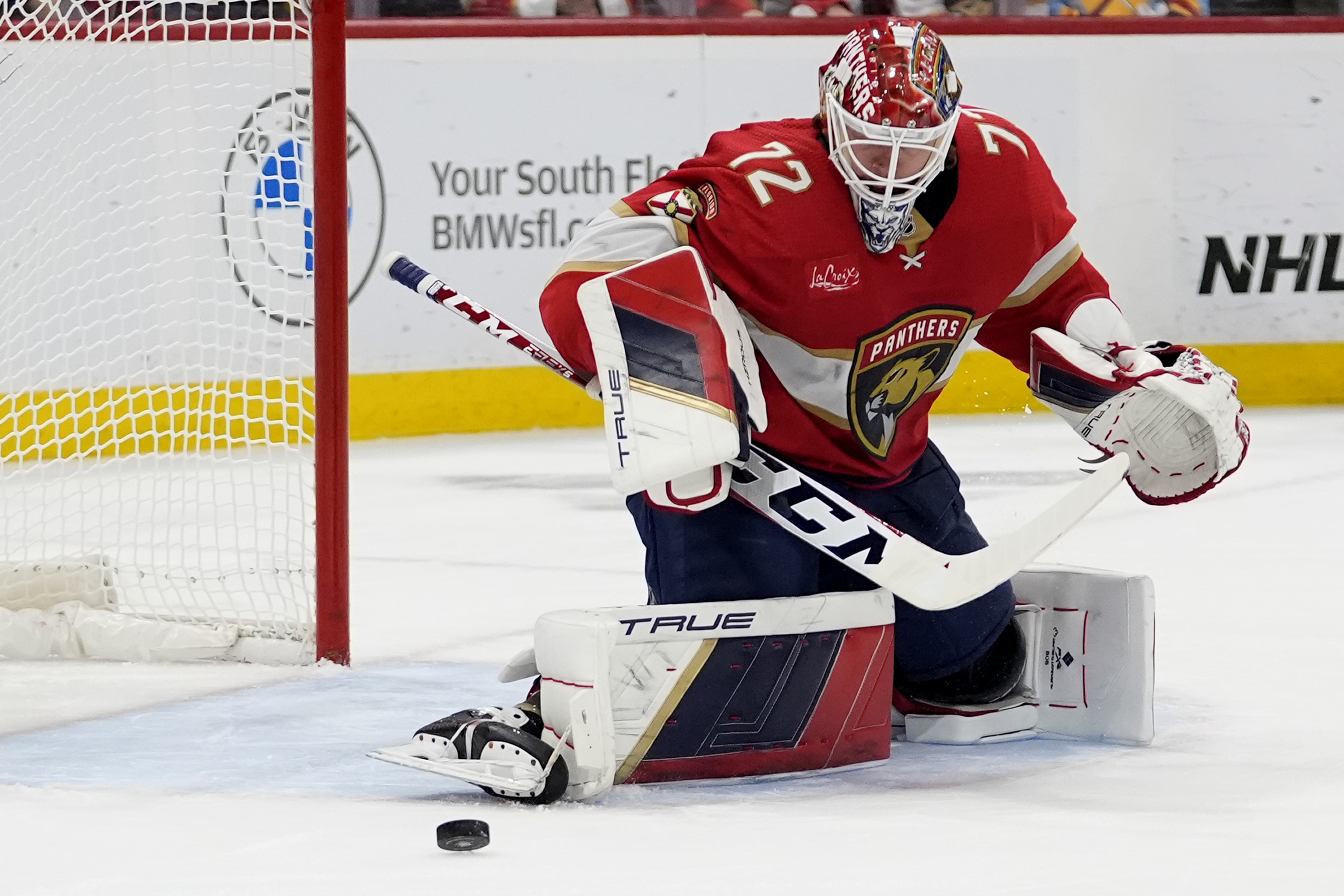Florida Panthers goaltender Sergei Bobrovsky defends the goal during the first period of Game 6 against the New York Rangers in the Eastern Conference finals of the NHL hockey Stanley Cup playoffs Saturday, June 1, 2024, in Sunrise, Fla. 