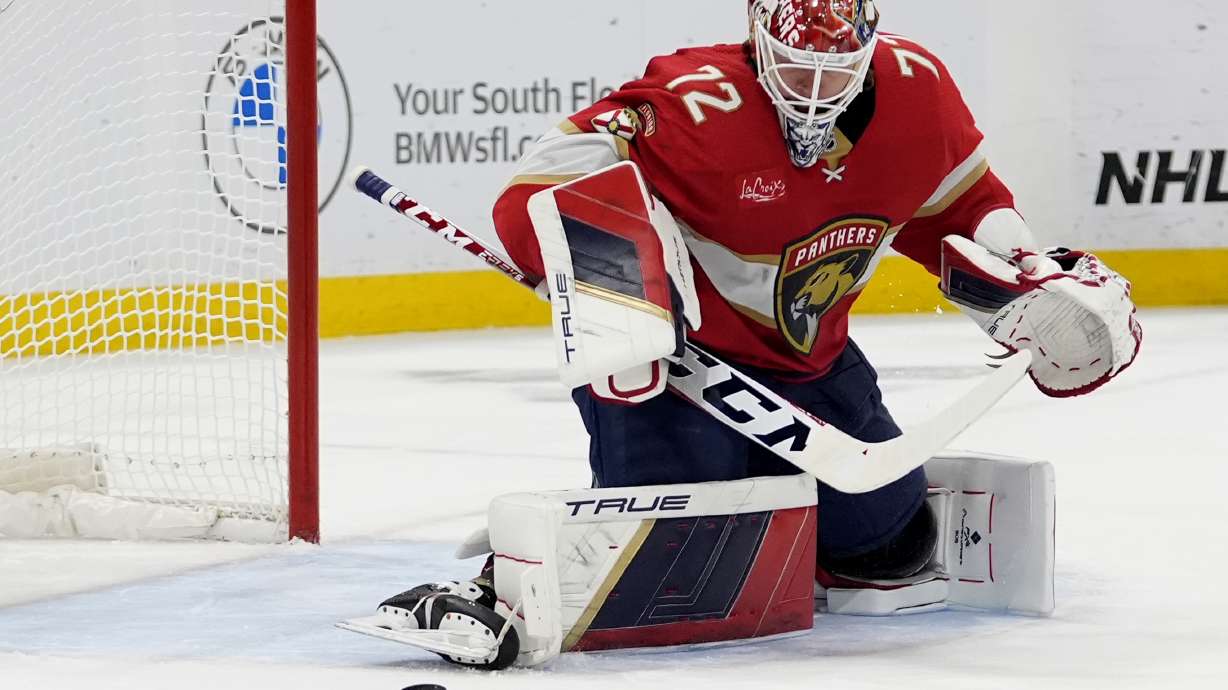 Florida Panthers goaltender Sergei Bobrovsky defends the goal during the first period of Game 6 against the New York Rangers in the Eastern Conference finals of the NHL hockey Stanley Cup playoffs Saturday, June 1, 2024, in Sunrise, Fla.