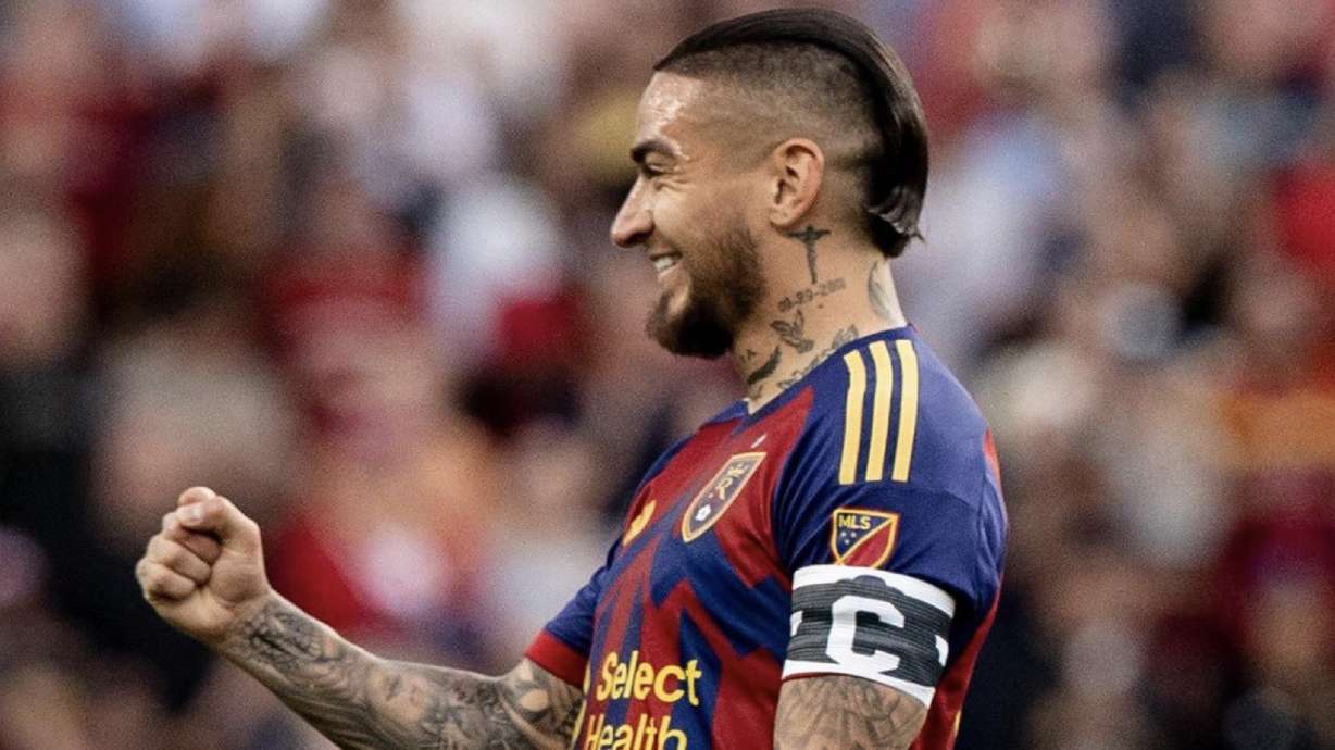 Chicho Arango celebrates a goal against Austin FC.