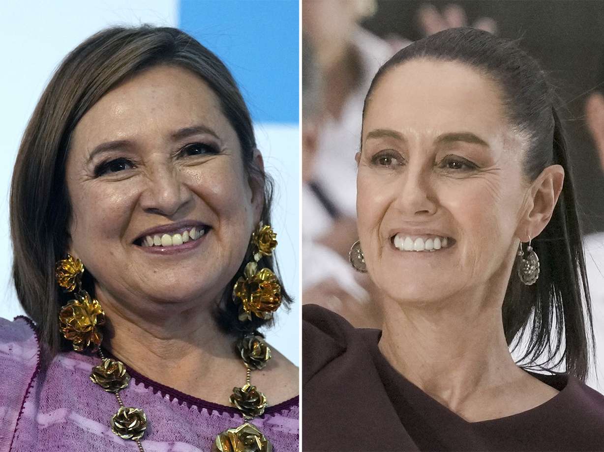 This combo image shows opposition presidential candidate Xochitl Galvez, left, on July 4, 2023, and presidential frontrunner Claudia Sheinbaum, on May 29, both in Mexico City.