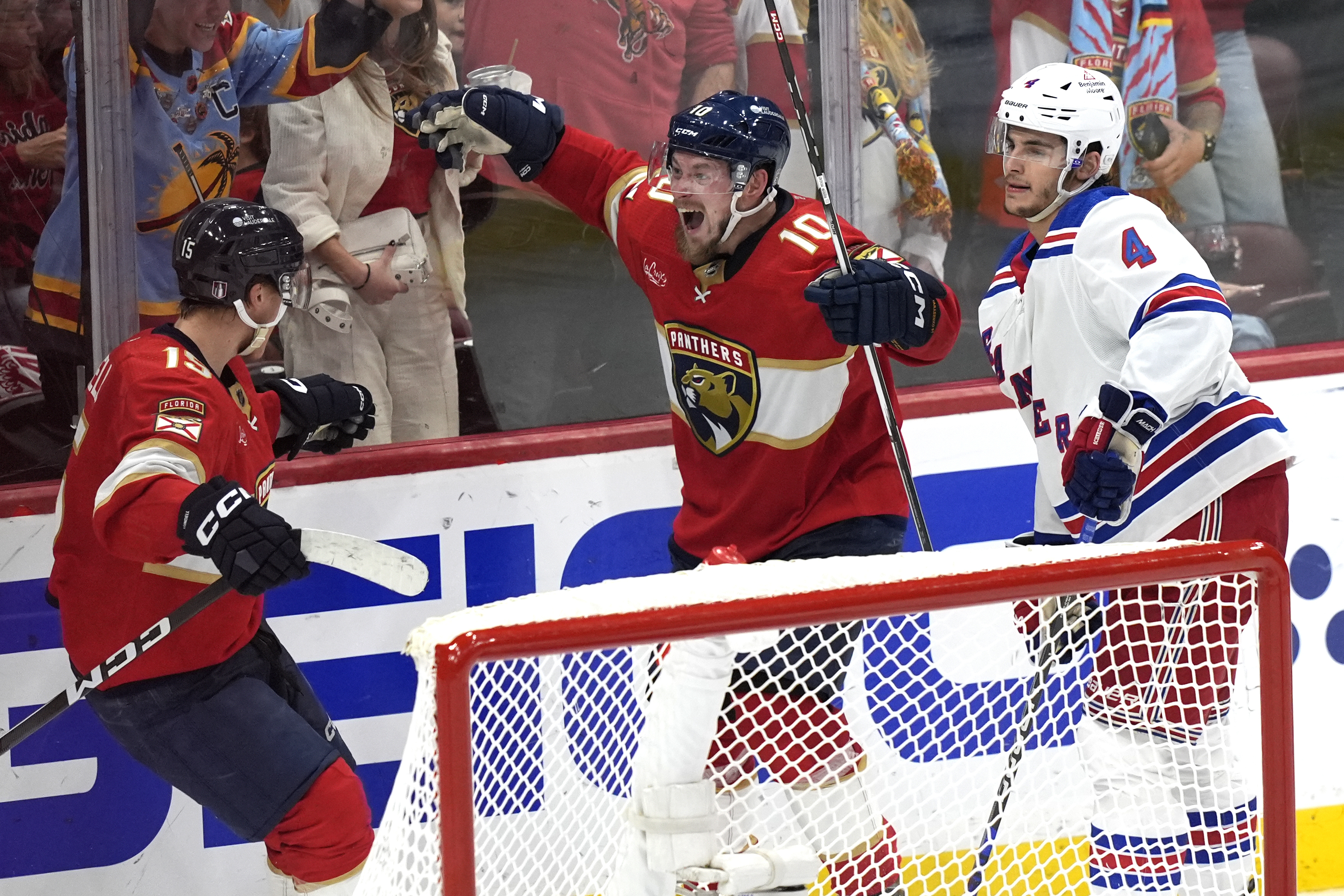 Florida Panthers right wing Vladimir Tarasenko (10) celebrates after scoring during the third period of Game 6 against the New York Rangers in the Eastern Conference finals of the NHL hockey Stanley Cup playoffs Saturday, June 1, 2024, in Sunrise, Fla. 