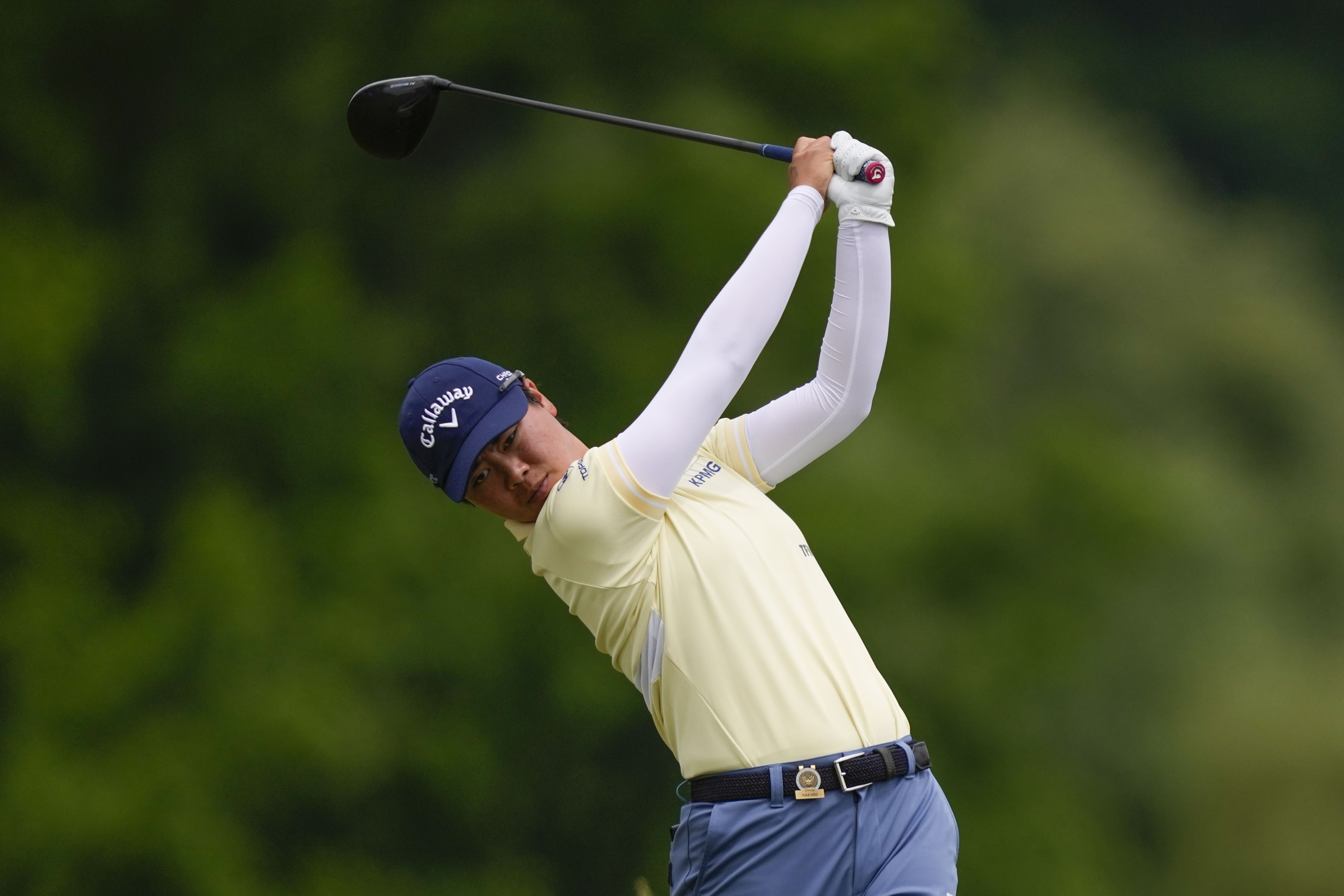 Yuka Saso, of Japan, hits off the second tee during the final round of the U.S. Women's Open golf tournament at Lancaster Country Club, Sunday, June 2, 2024, in Lancaster, Pa. 