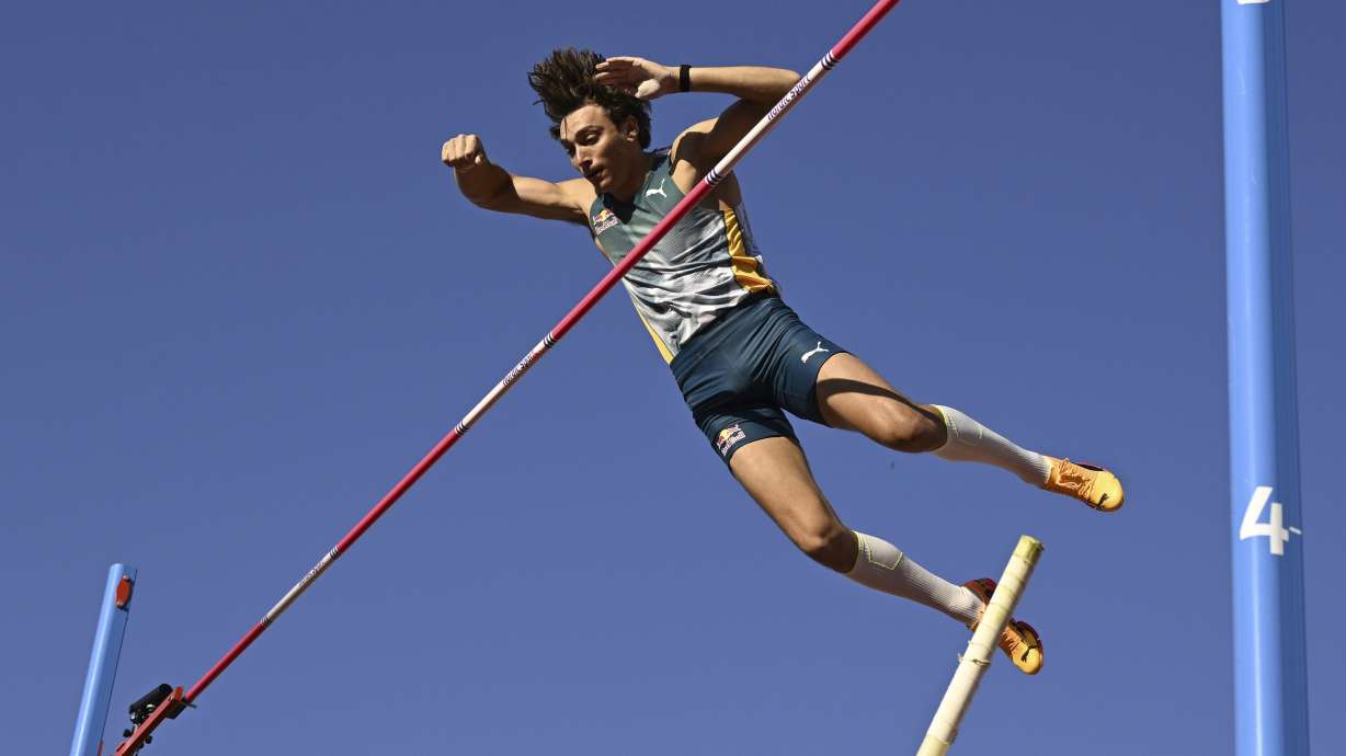 Sweden's Armand Duplantis competes during the men's pole vault comptetition at the Diamond League Bauhaus Athletics Gala in Stockholm, Sweden, Sunday, June 2, 2024.
