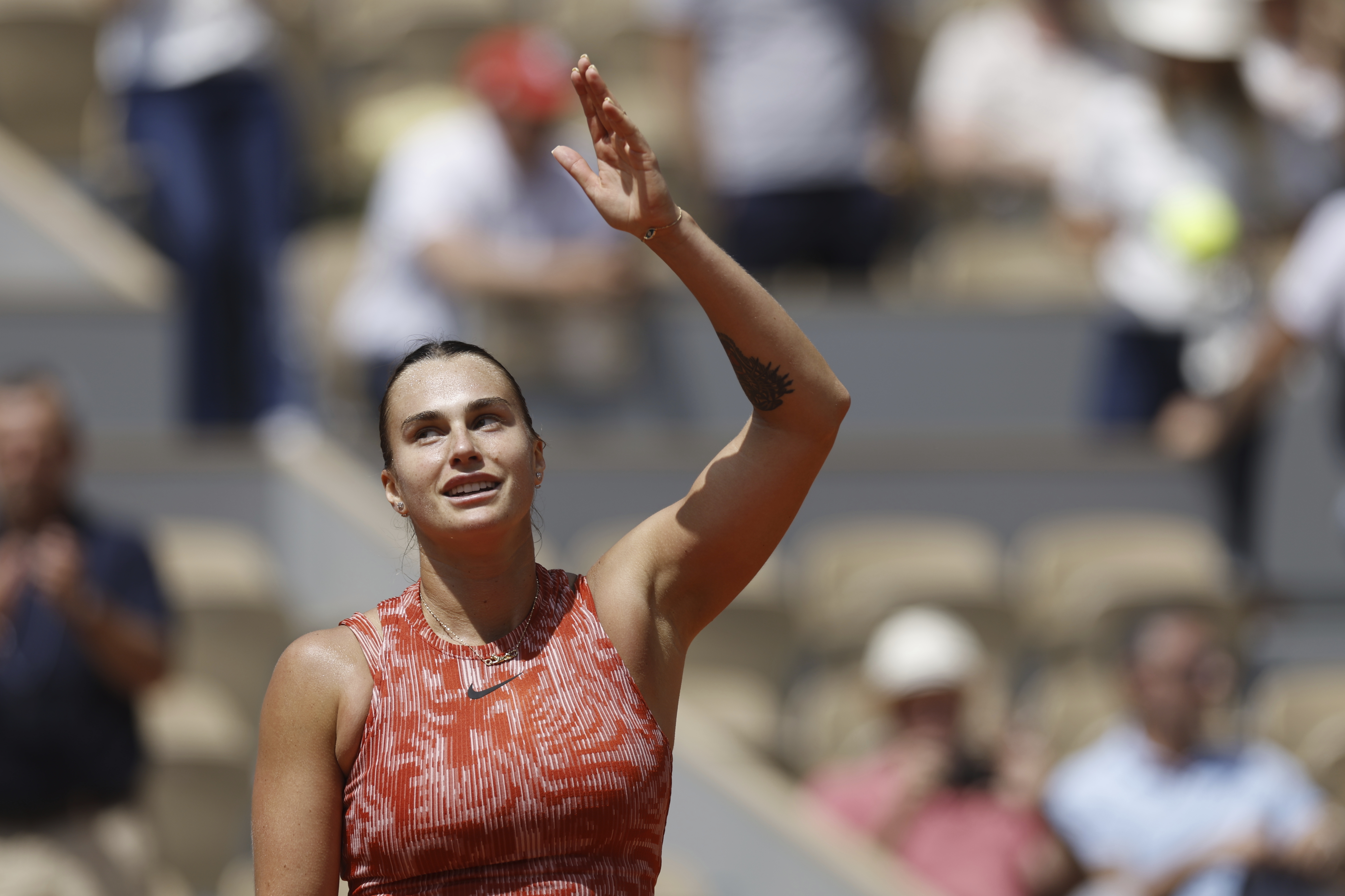 Aryna Sabalenka of Belarus celebrates as she won the fourth round match of the French Open tennis tournament against Emma Navarro of the U.S. at the Roland Garros stadium in Paris, Monday, June 3, 2024.