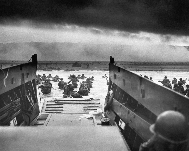 This photograph is believed to show E Company, 16th Regiment, 1st Infantry Division, participating in the first wave of assaults during D-Day in Normandy, France, June 6, 1944.