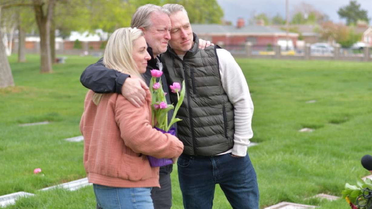 Siblings Lisa Rasmussen Opfar, Dave Rasmussen, center, and Chad Rasmussen meet at Elysian Gardens in May.