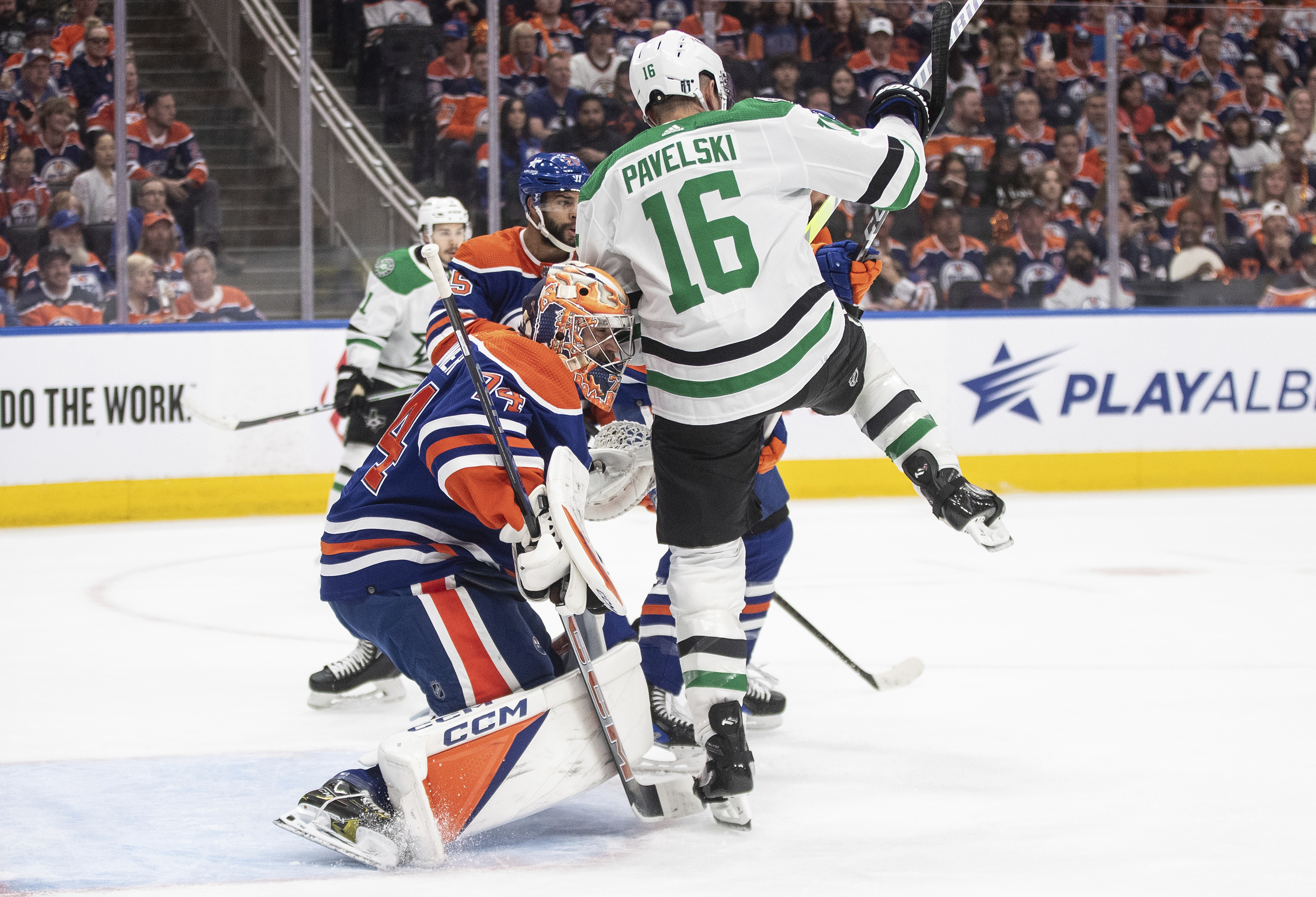 Dallas Stars' Joe Pavelski (16) screens Edmonton Oilers goalie Stuart Skinner during the first period of Game 6 of the Western Conference finals of the NHL Stanley Cup playoffs in Edmonton, Alberta, Sunday June 2, 2024. 