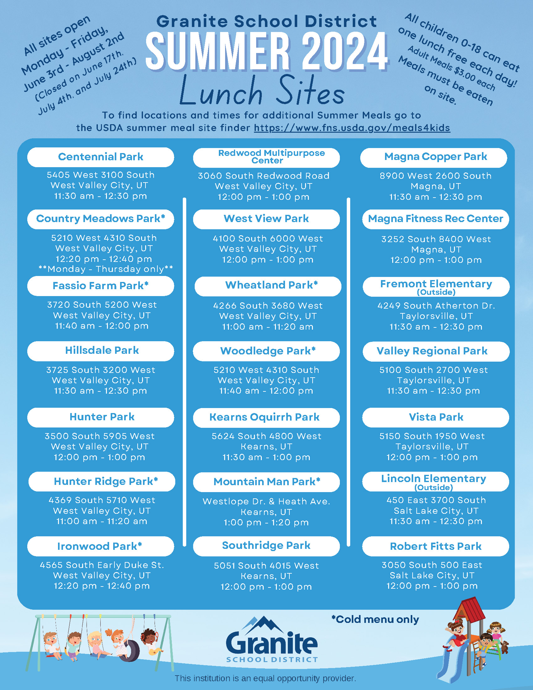 A flyer shows when and where the Granite School District is serving lunch throughout the summer.