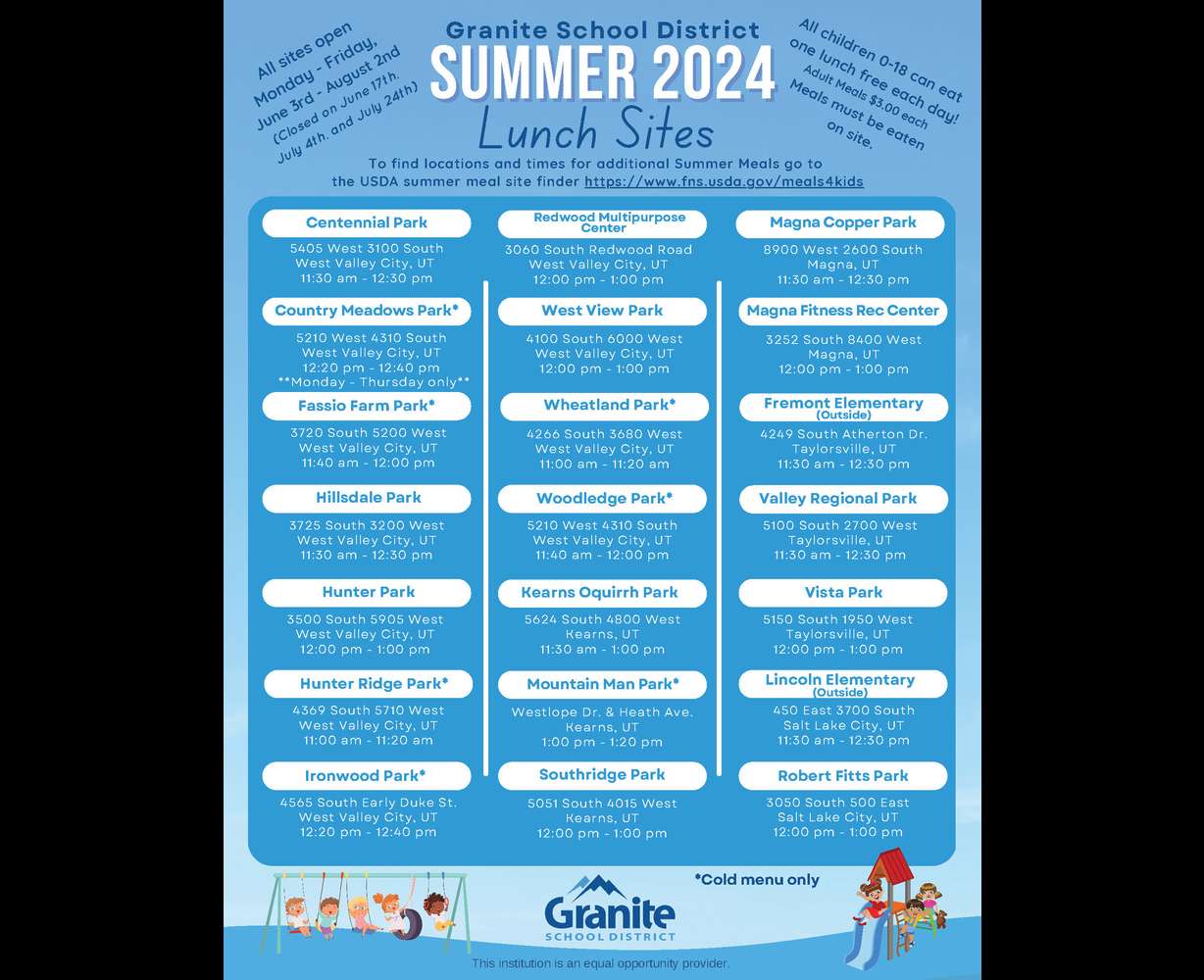 A flyer shows when and where the Granite School District is serving lunch throughout the summer.