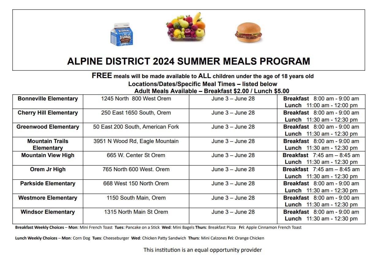 A flyer shows when and where the Alpine School District is serving lunch throughout the summer.