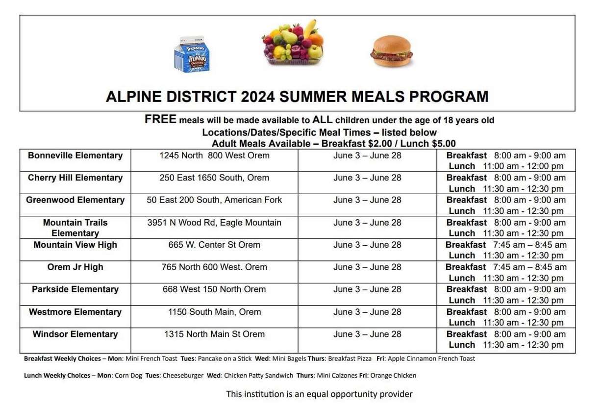 A flyer shows when and where the Alpine School District is serving lunch throughout the summer.
