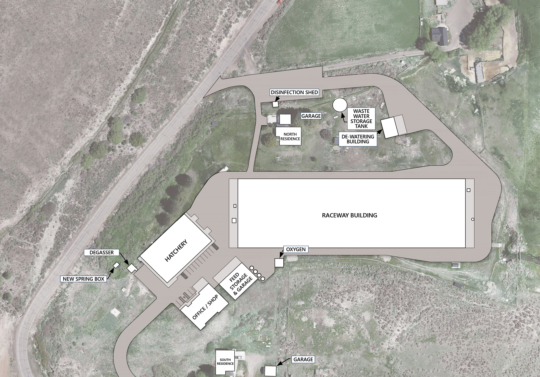 A site plan for the new Loa Fish Hatchery. The facility is expected to be completed in 2027 and raise up to 350,000 pounds of fish in the years after that.