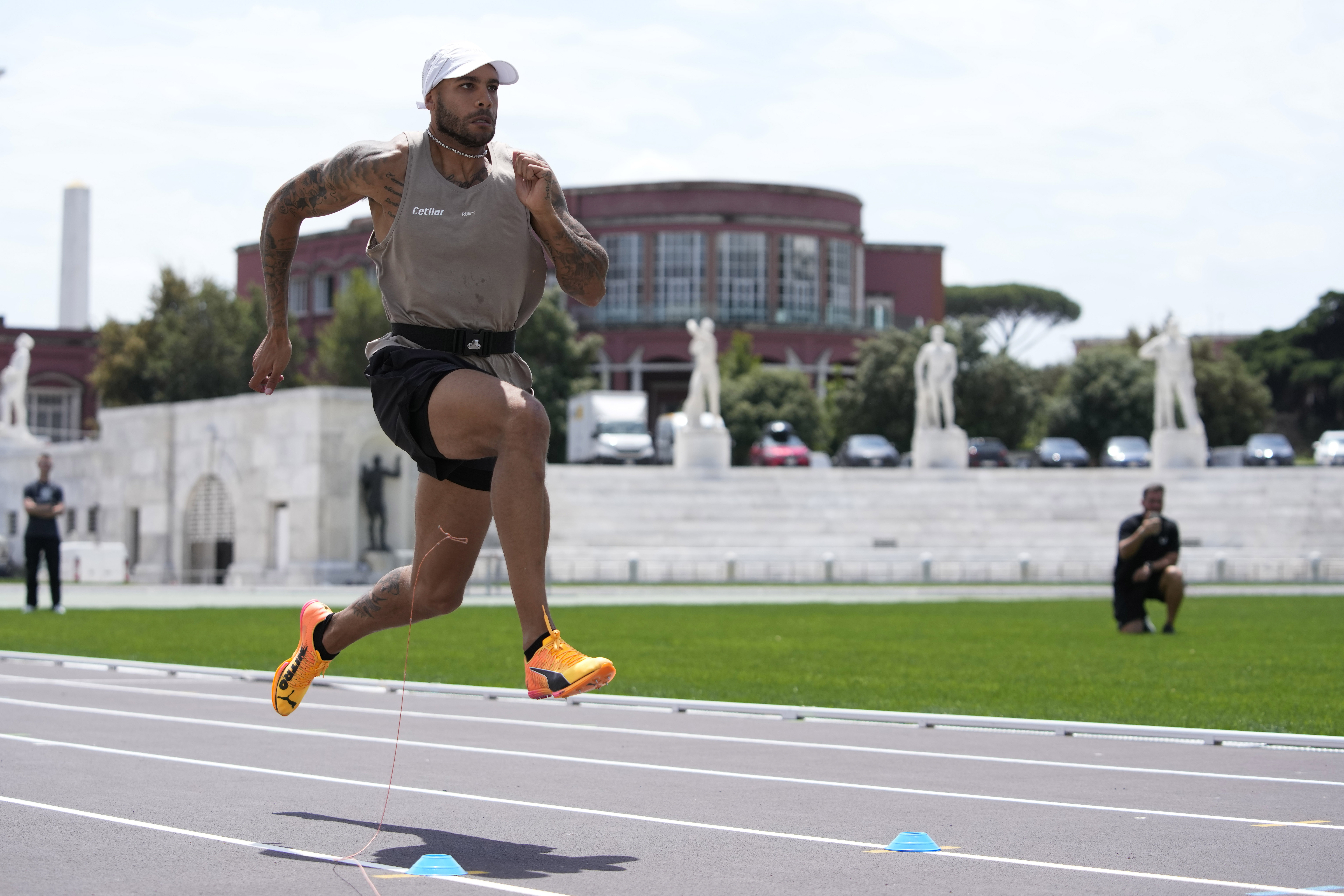 Defending Olympic 100 meters champion Marcell Jacobs runs during a training session in the historic Stadio dei Marmi ahead of an athletics meeting in Rome, Wednesday, May 15, 2024. 