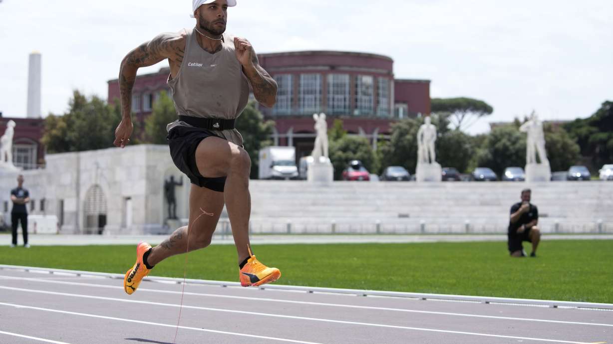 Defending Olympic 100 meters champion Marcell Jacobs runs during a training session in the historic Stadio dei Marmi ahead of an athletics meeting in Rome, Wednesday, May 15, 2024.