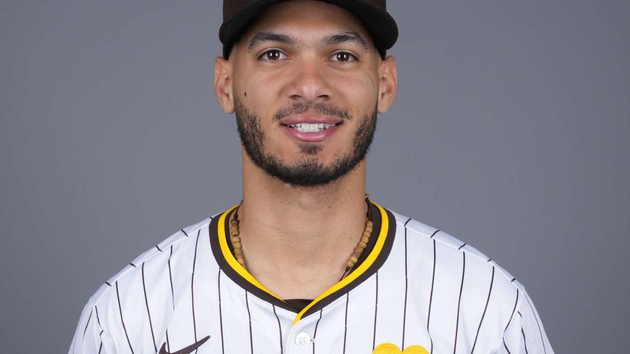 San Diego Padres baseball infielder Tucupita Marcano poses for a photo Feb. 20, 2024, in Peoria, Ariz.