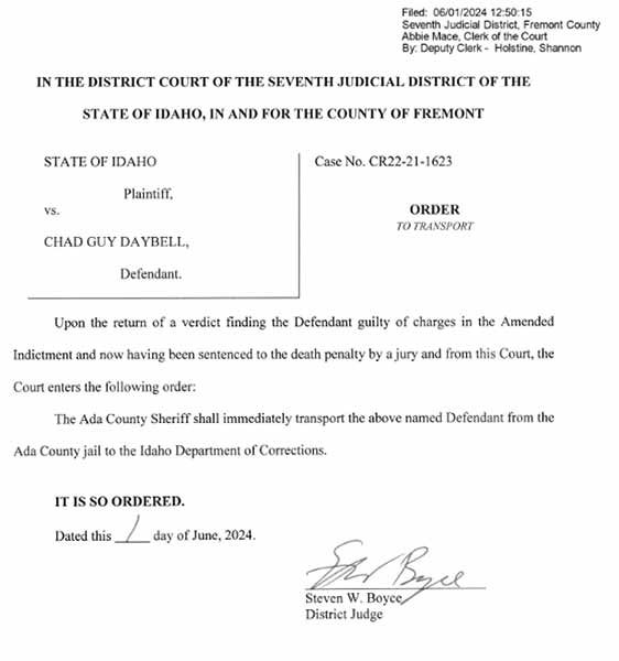 A transfer order for Chad Daybell following his sentencing in Boise, Idaho.