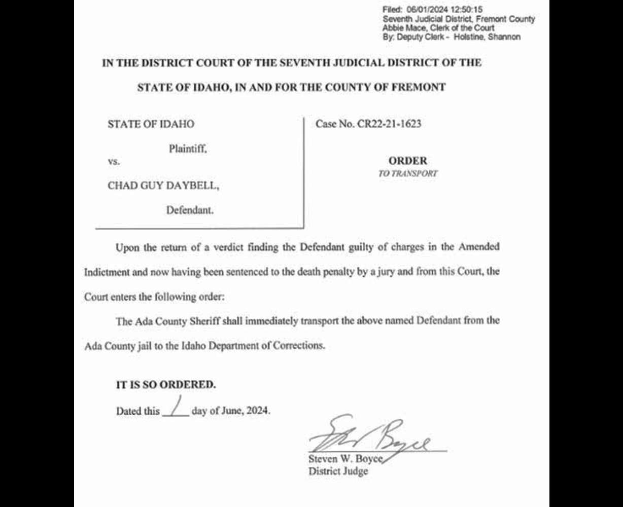 A transfer order for Chad Daybell following his sentencing in Boise, Idaho.