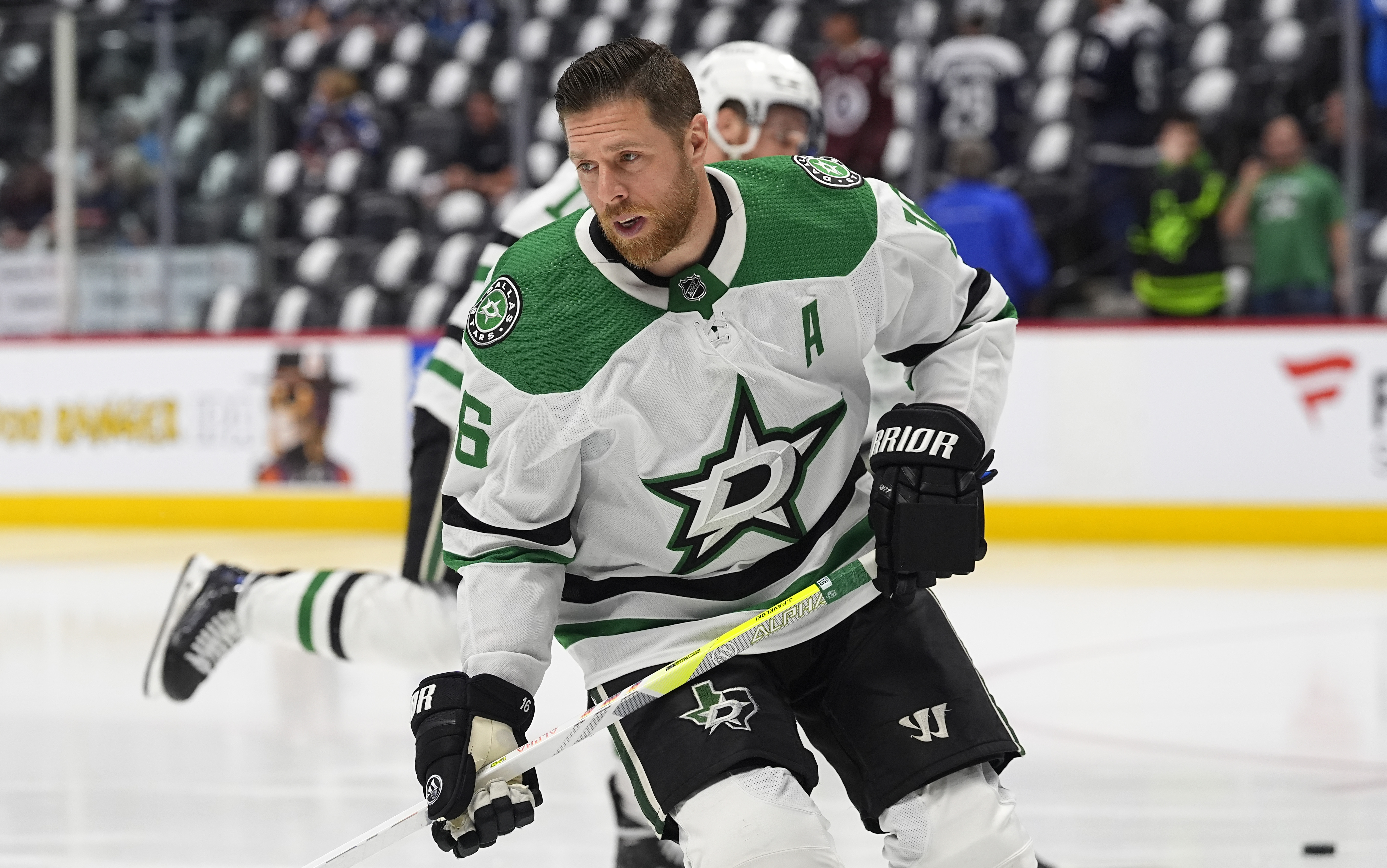 Dallas Stars center Joe Pavelski warms up for Game 6 of the team's NHL hockey playoff series against the Colorado Avalanche on Friday, May 17, 2024, in Denver. 
