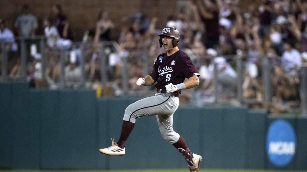 Texas A&M outfielder Hayden Schott (5) celebrates a solo home run against Louisiana during the fifth inning of the Bryan-College Station Regional NCAA baseball game, Sunday, June 2, 2024, in College Station, Texas.