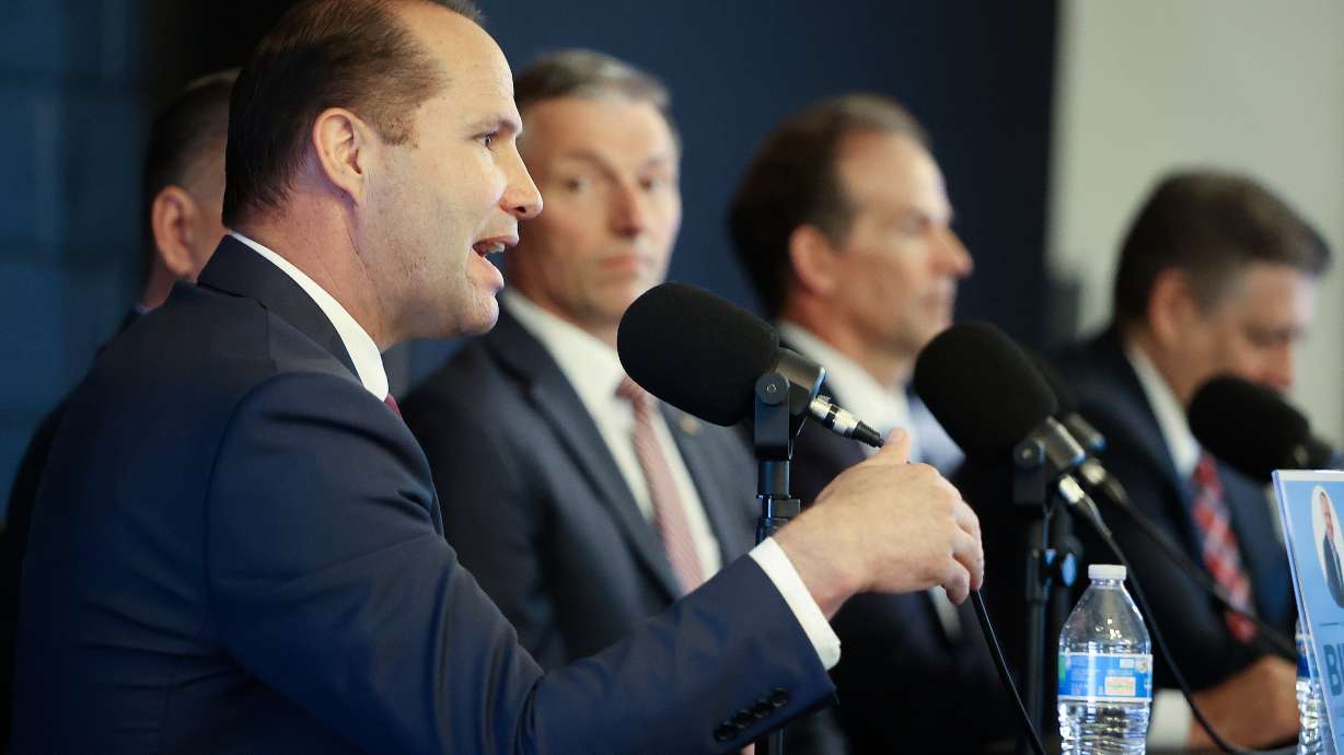J.R. Bird speaks during Utah’s 3rd Congressional District Debate against John Dougall, Mike Kennedy, Case Lawrence and Stewart Peay, hosted by Bad Bet Productions and Silicon Slopes, at The Summit Event Center in Sandy on Tuesday.