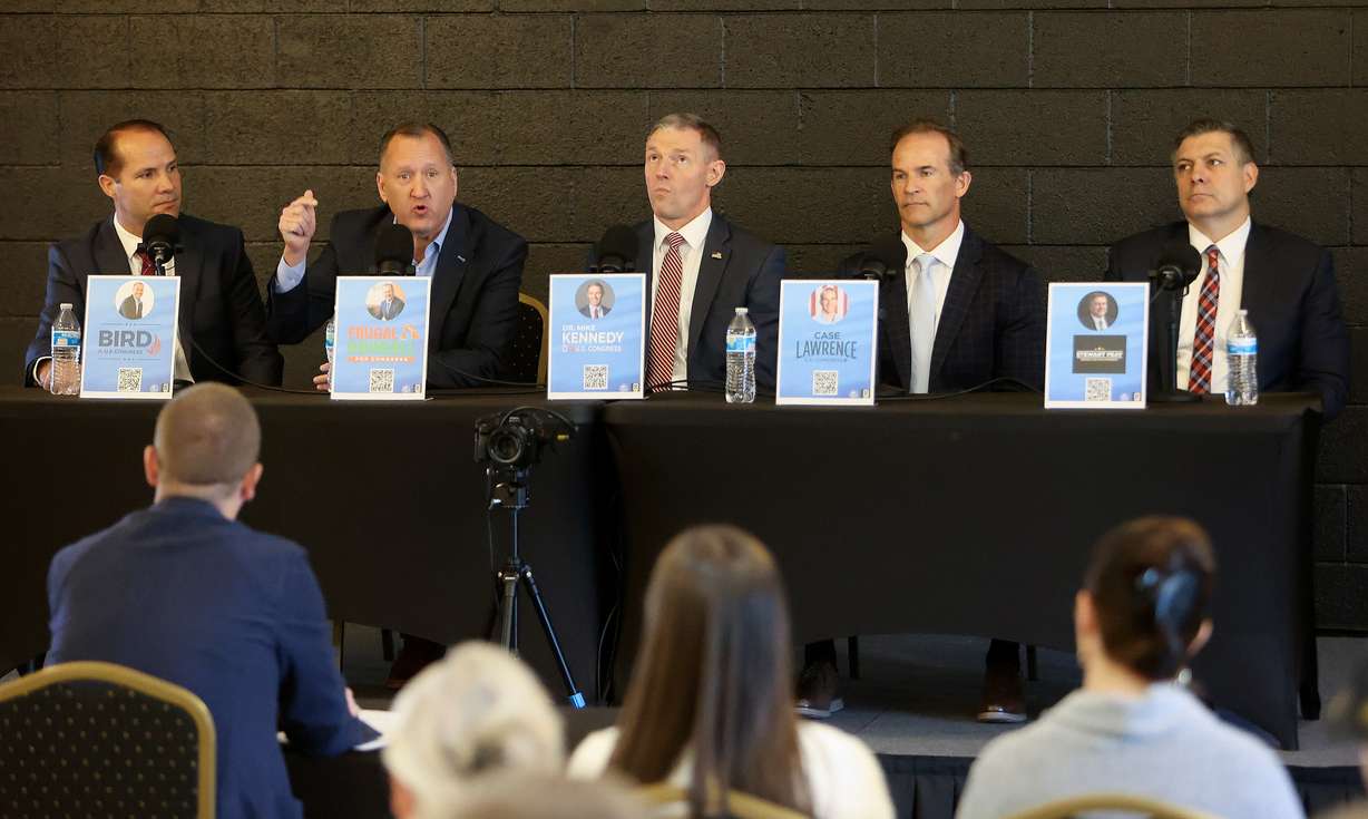 J.R. Bird, John Dougall, Mike Kennedy, Case Lawrence and Stewart Peay participate in Utah’s 3rd Congressional District Debate, hosted by Bad Bet Productions and Silicon Slopes, at The Summit Event Center in Sandy on Tuesday.