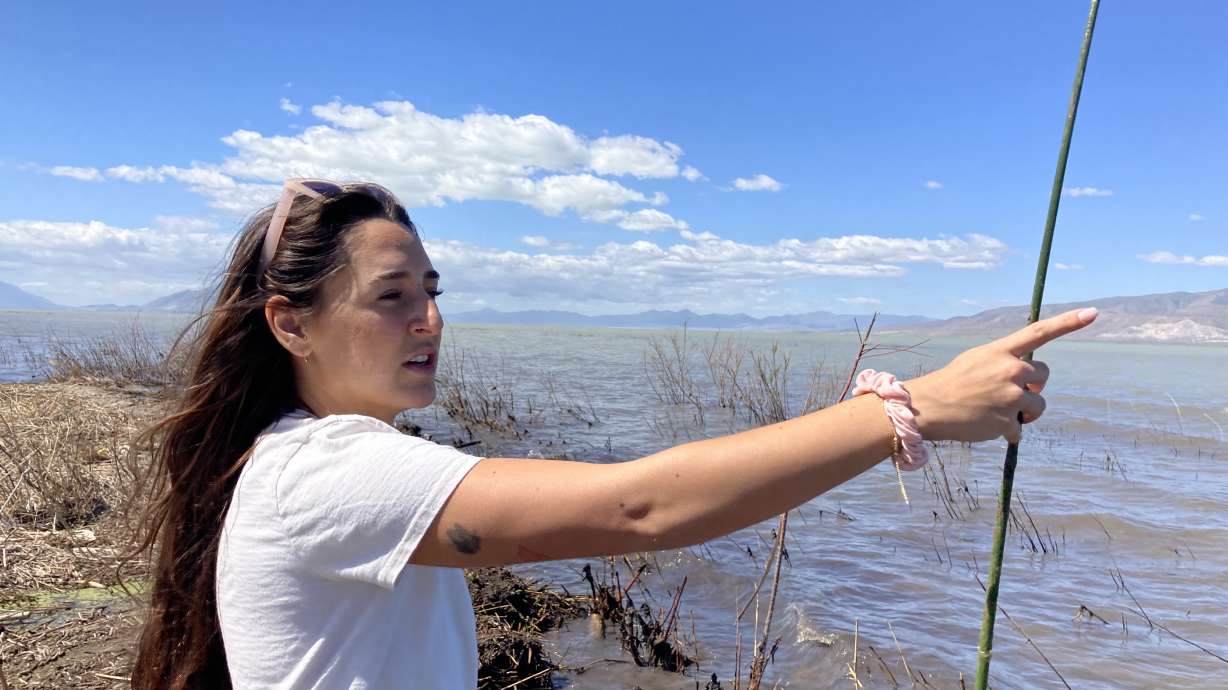 Addy Valdez, a conservation biologist with Utah Lake Authority, leads volunteer groups to the lakeshore to plant hundreds of native plants on Tuesday.