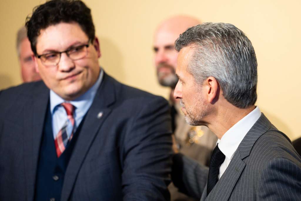 Max Schachter, right, who is the founder of Safe Schools for Alex and father of Parkland, Florida, school shooting victim Alex Schachter, listens to Rep. Ryan Wilcox, R-Ogden, at a press conference held to discuss the School Security Task Force at the Utah Capitol in Salt Lake City on Feb. 20.