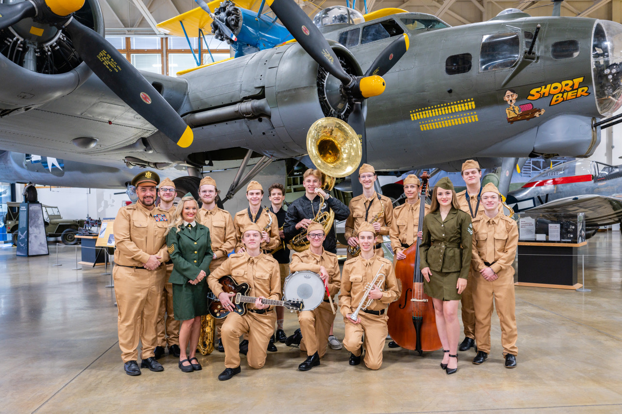 High schoolers making up the Voodoo Orchestra pose before they travel to Normandy, France, to perform in the ceremonies on June 6 during the 80th anniversary of D-Day.