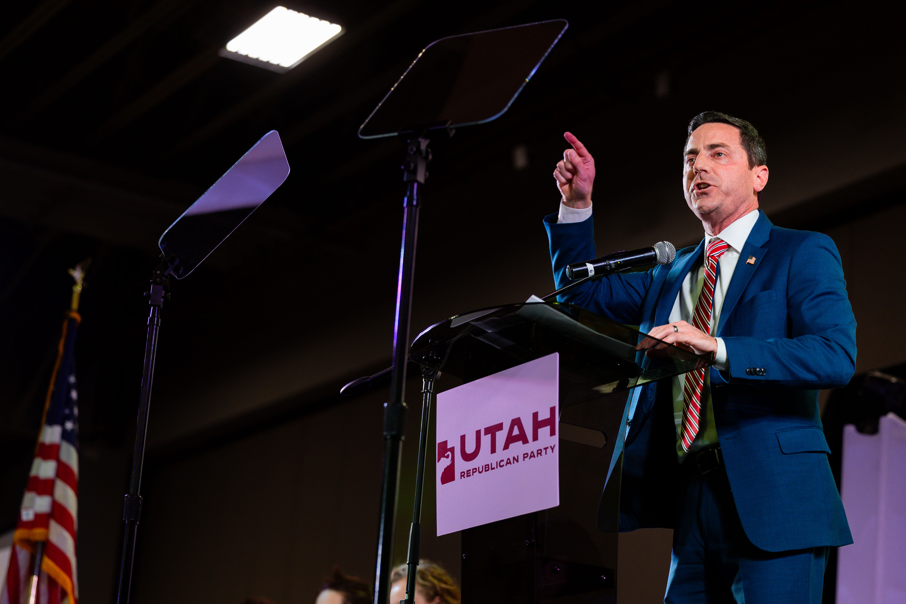 Trent Staggs, running for U.S. Senate, speaks at the Utah Republican Party state nominating convention at the Salt Palace Convention Center in Salt Lake City on April 27.