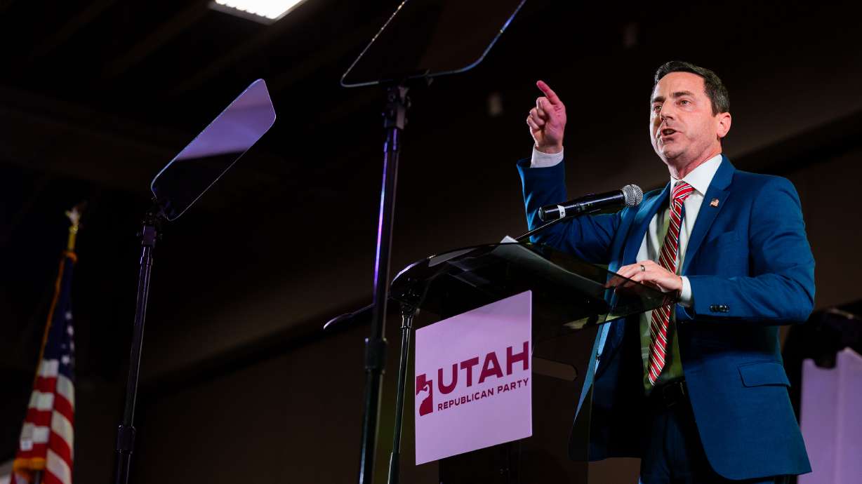 Trent Staggs, running for U.S. Senate, speaks at the Utah Republican Party state nominating convention at the Salt Palace Convention Center in Salt Lake City on April 27.