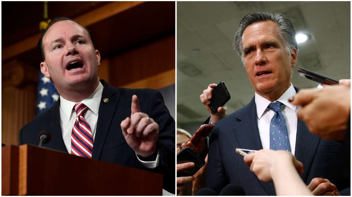 Sen. Mike Lee, R-Utah, left, speaks in Washington on Dec. 19, 2018. Sen. Mitt Romney, R-Utah, speaks in Washington on May 21, 2019. The two Utah senators signed a letter calling Democrat actions "fearmongering."
