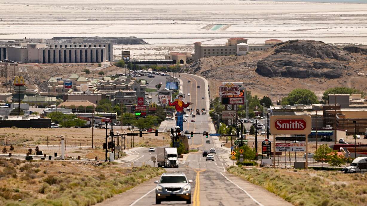 West Wendover, Nev., is pictured on May 31. The community of Wendover is split in two. On the Nevada side, voters could help decide the next U.S. president. Across the street, in Utah, voters almost certainly won't.
