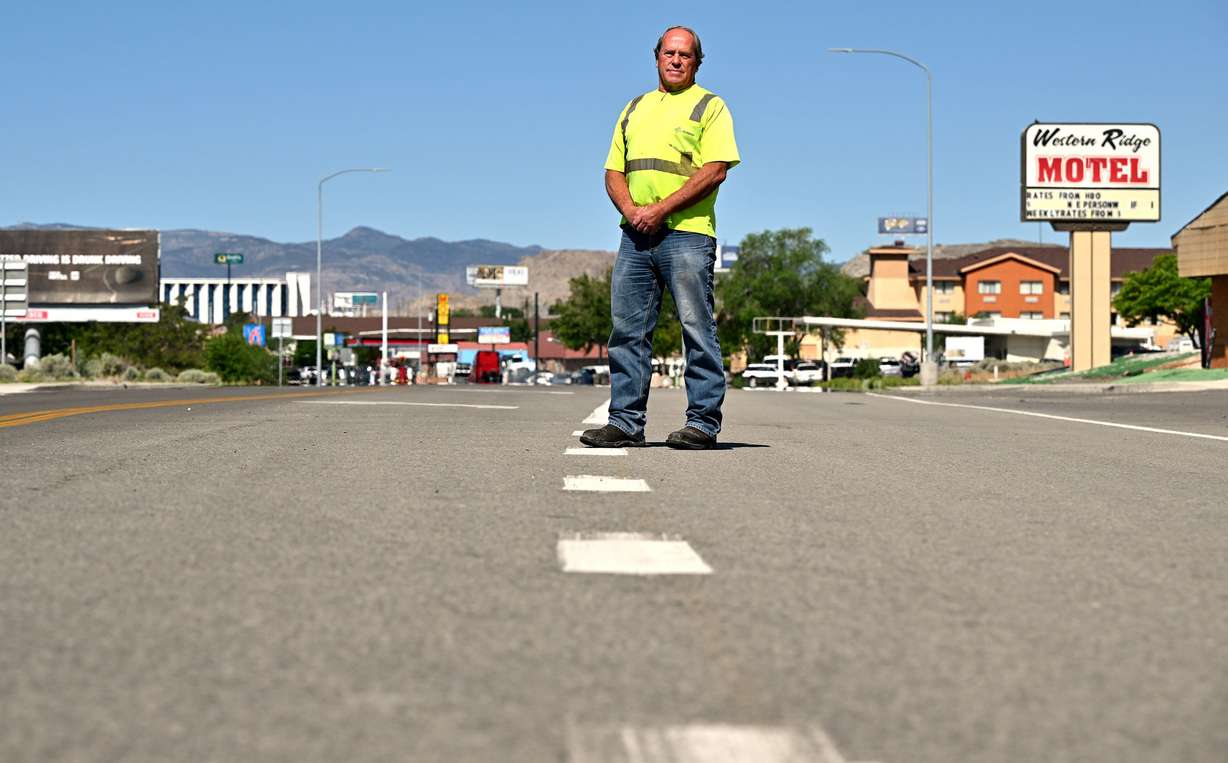Wendover, Utah, Mayor Dennis Sweat poses for a photo on May 31. The community of Wendover is split in two. On the Nevada side, voters could help decide the next U.S. president. Across the street, in Utah, voters almost certainly won't.
