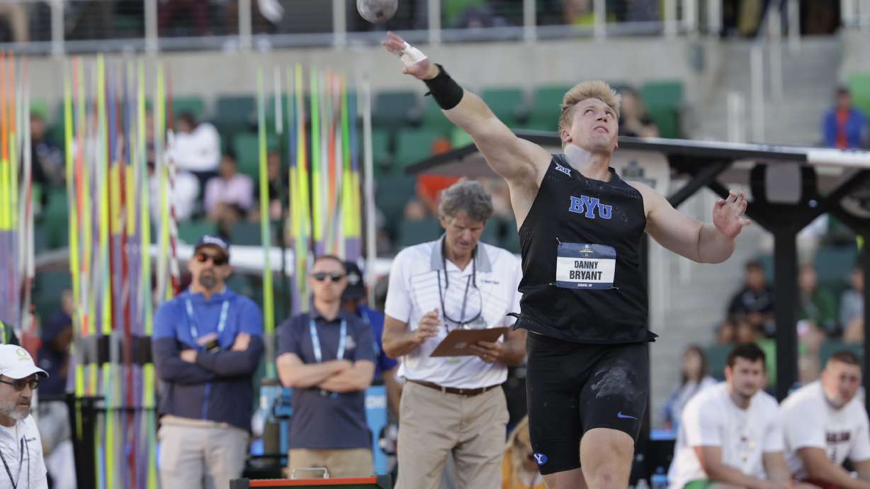 BYU thrower Danny Bryant secured fourth place at the NCAA outdoor track and field championships in Eugene, Oregon, with an personal-best throw of 20.02M/65’8.25” in the men’s shot put, Wednesday, June 5, 2024.