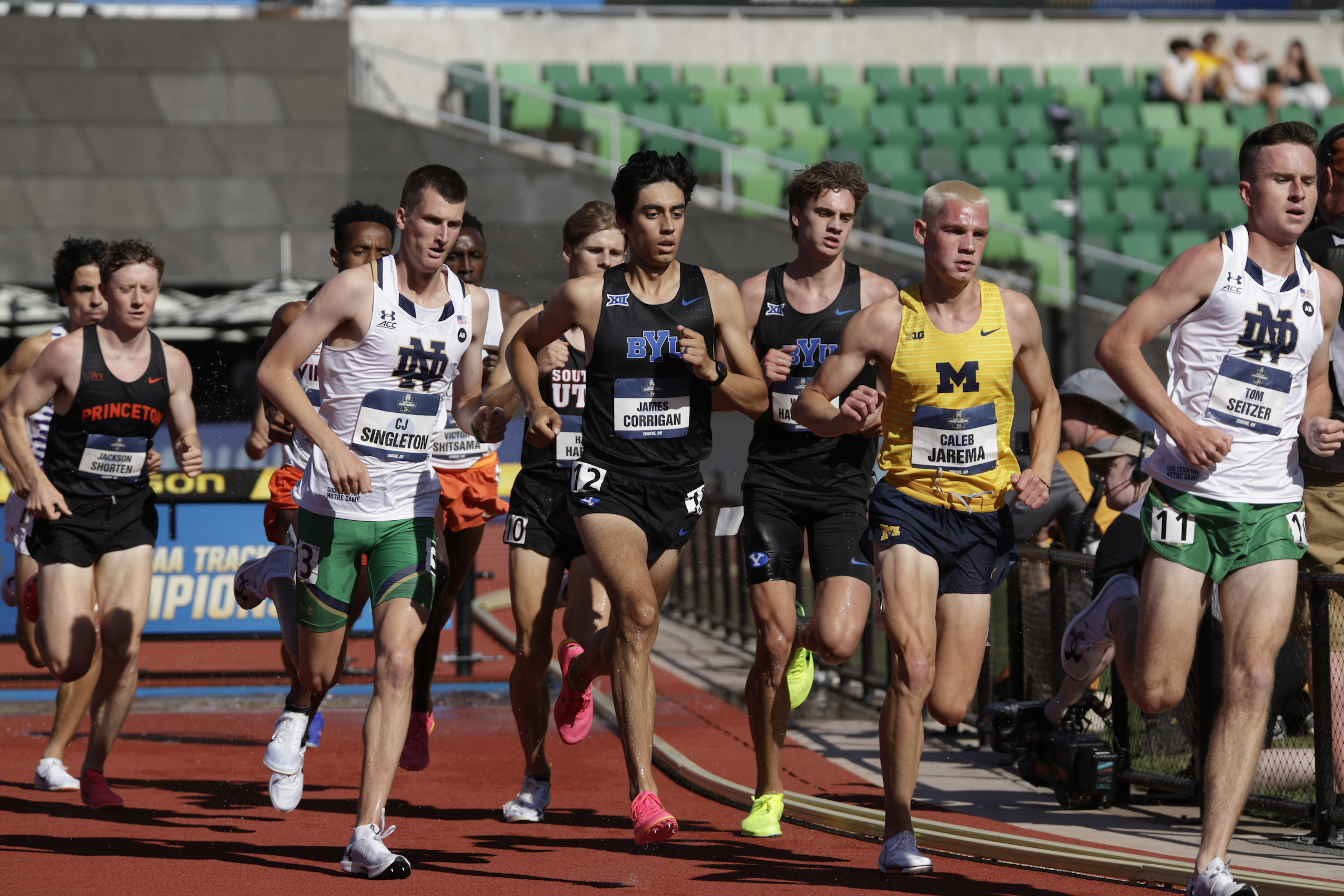 BYU's James Corrigan runs in his preliminary heat of the 3,000-meter steeplechase at the NCAA outdoor track and field championships in Eugene, Oregon, Wednesday, June 5, 2024.
