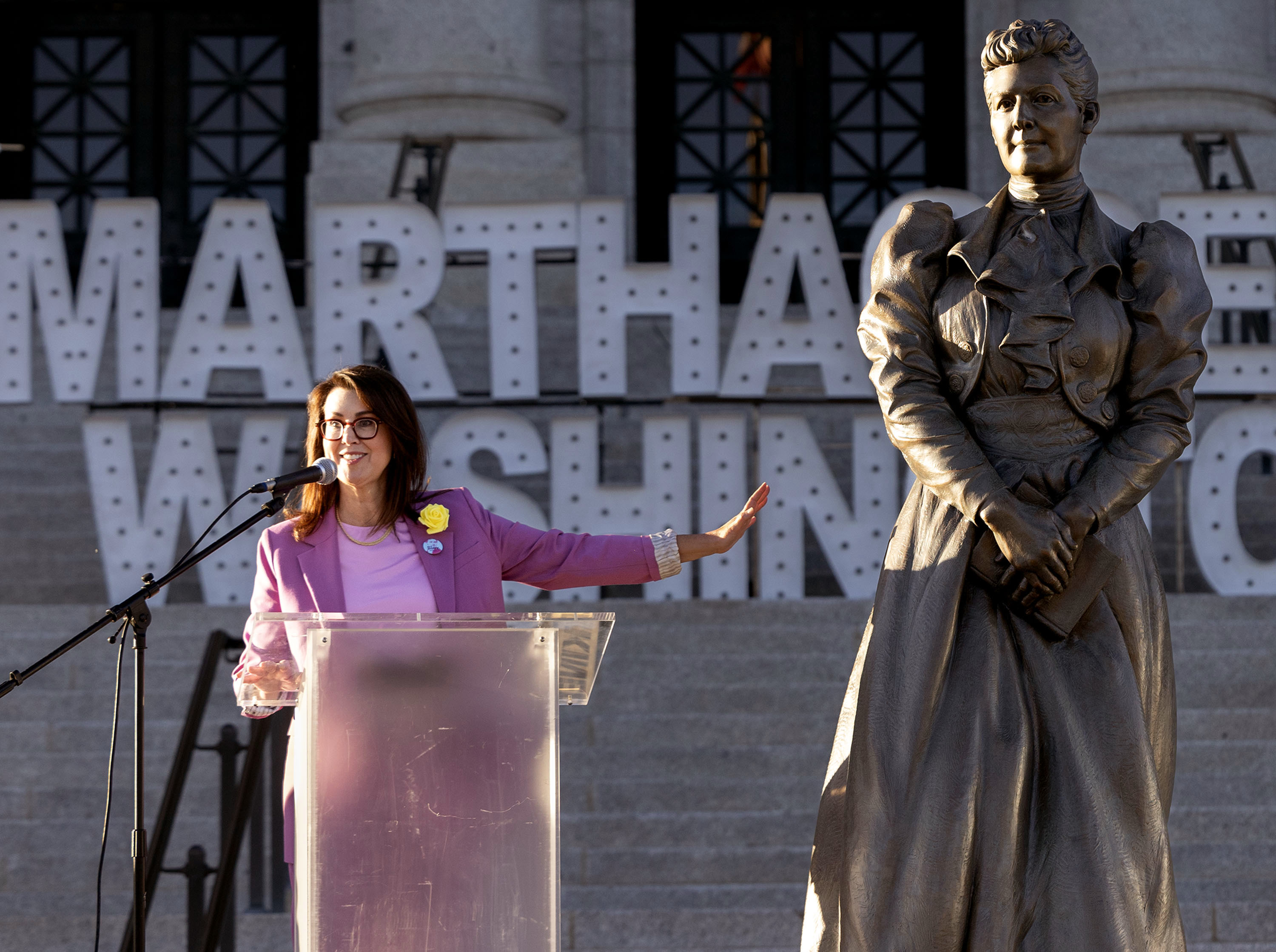 Utah Lt. Gov. Deidre Henderson speaks about Utah’s statue of Martha Hughes Cannon before its departure to the U.S. Capitol at the state Capitol in Salt Lake City on Wednesday.