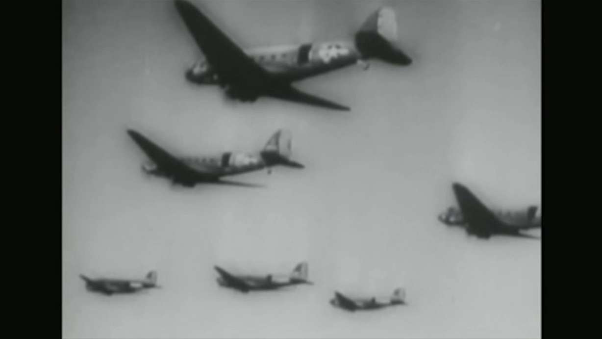 A still taken from video footage of the U.S. Air Force in World War II on its way to the Invasion of Normandy on June 6, 1944. A pilot from Utah, U.S. Army Air Force Pilot Paul Chaufty, was recently honored by residents of the village of Saint Ellier Les Bois, in France. His plane crashed the day their town was freed from Nazi Germany.