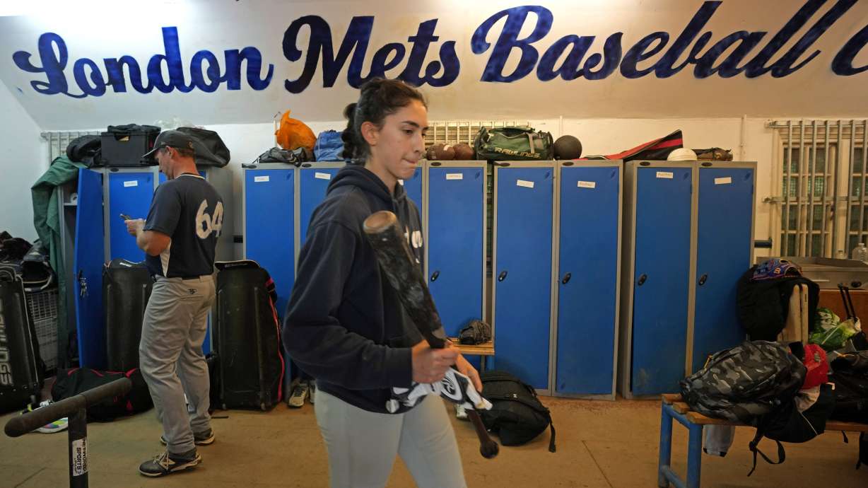 Players of the UK baseball team London Mets arrive clubhouse for a training session at the Finsbury Park in London, Thursday, May 16, 2024. Baseball at the highest club level in Britain is competitive. Teams are mélange of locals and expats some with college and minor league experience.
