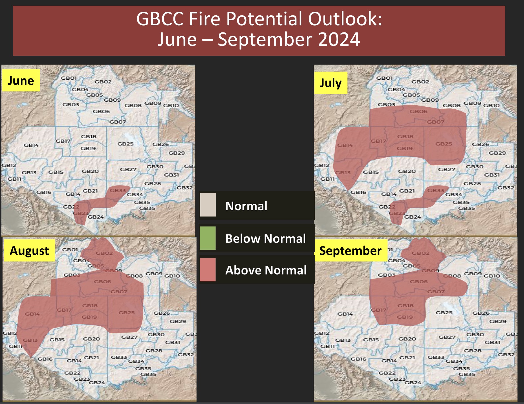 These maps show the fire risks for the Great Basin region over the next four months. The western section of central Utah and northwest Utah have the highest projected fire risks in the state this summer at the moment.