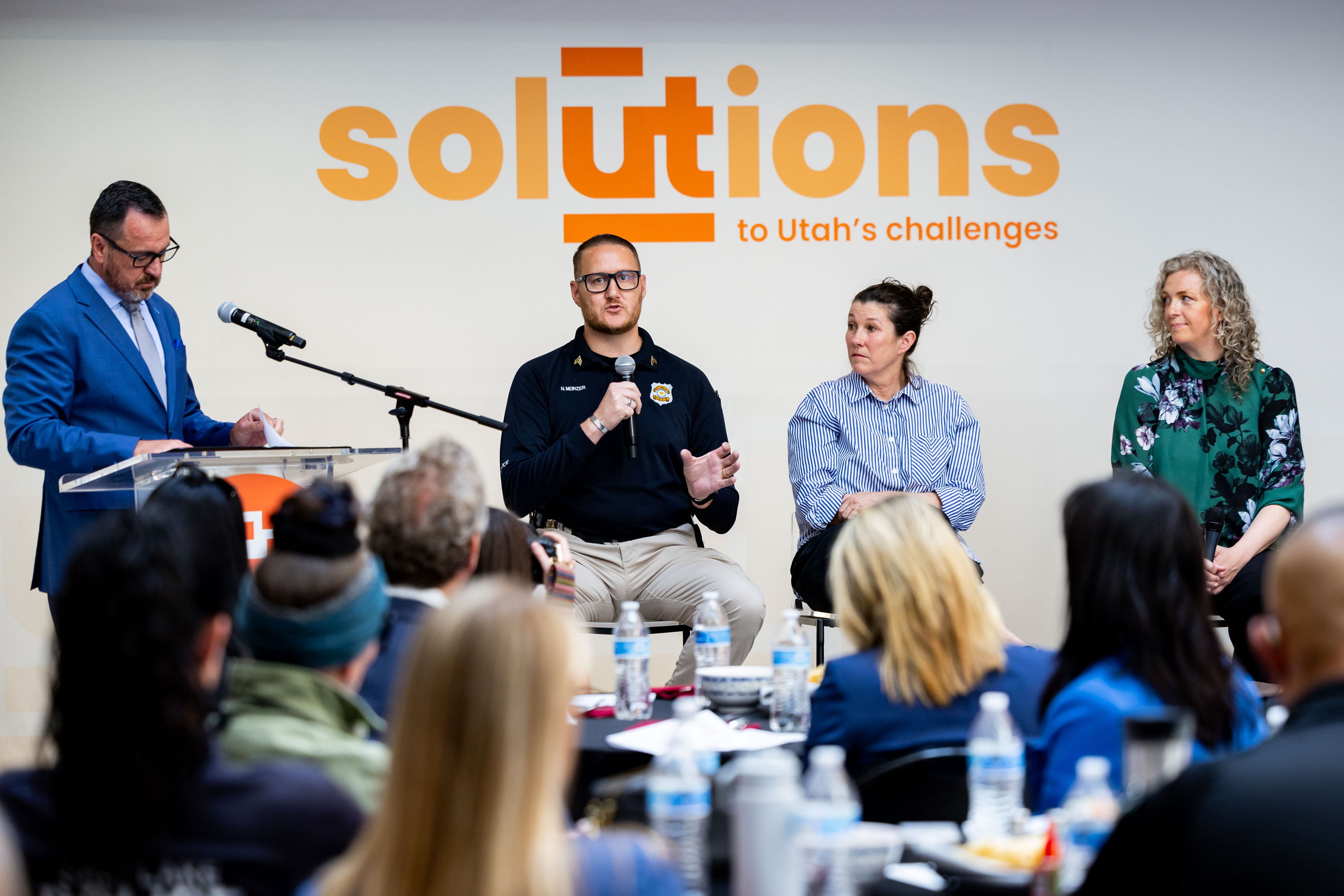 From left, Greg Hughes at a panel with Salt Lake Police Sgt. Nathan Meinzer, Christian Sarver and Eva Witesman at Solutions Utah’s conference “Ending Homelessness in Utah” at the Other Side Academy in Salt Lake City on Thursday.