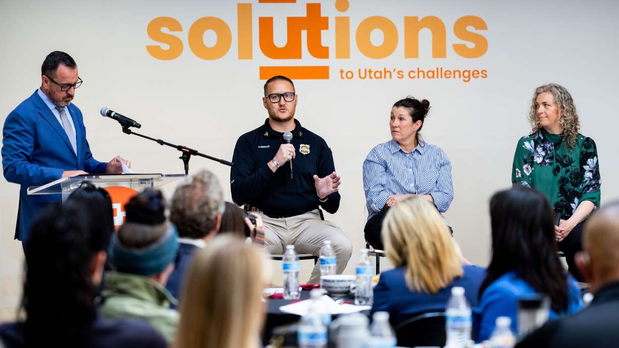 From left, Greg Hughes at a panel with Salt Lake Police Sgt. Nathan Meinzer, Christian Sarver and Eva Witesman at Solutions Utah’s conference “Ending Homelessness in Utah” at the Other Side Academy in Salt Lake City on Thursday.