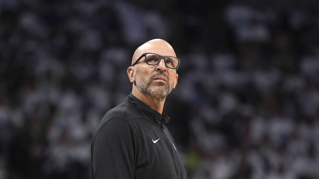 Dallas Mavericks head coach Jason Kidd pauses on the sideline during the second half of Game 5 of the Western Conference finals in the NBA basketball playoffs against the Minnesota Timberwolves, Thursday, May 30, 2024, in Minneapolis.
